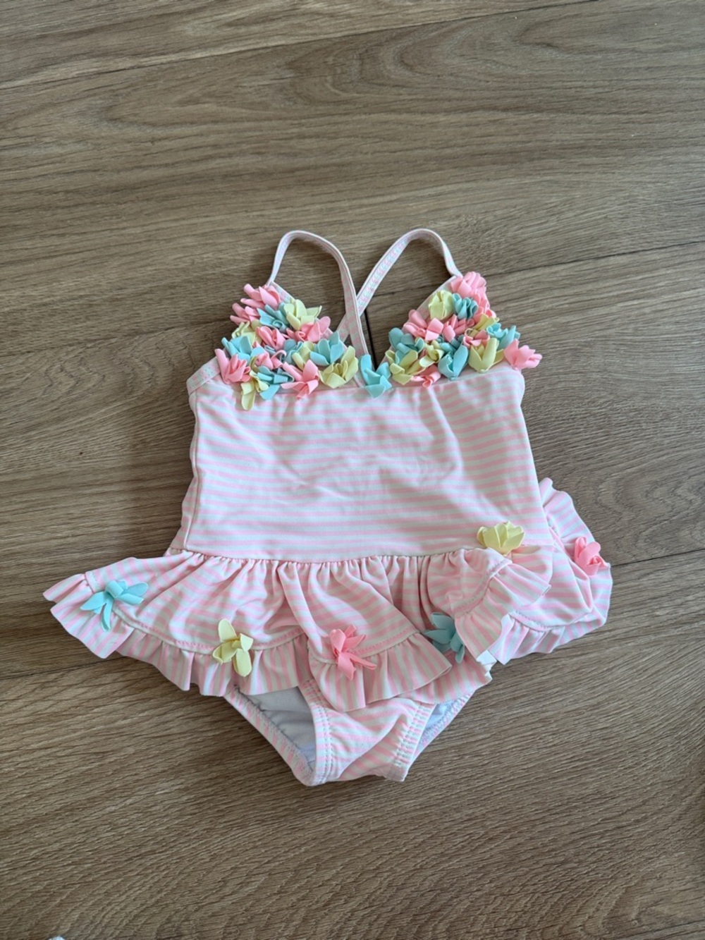 Little Me Pink Striped Ruffle One-Piece Swimsuit with Pastel Floral 12 Mo